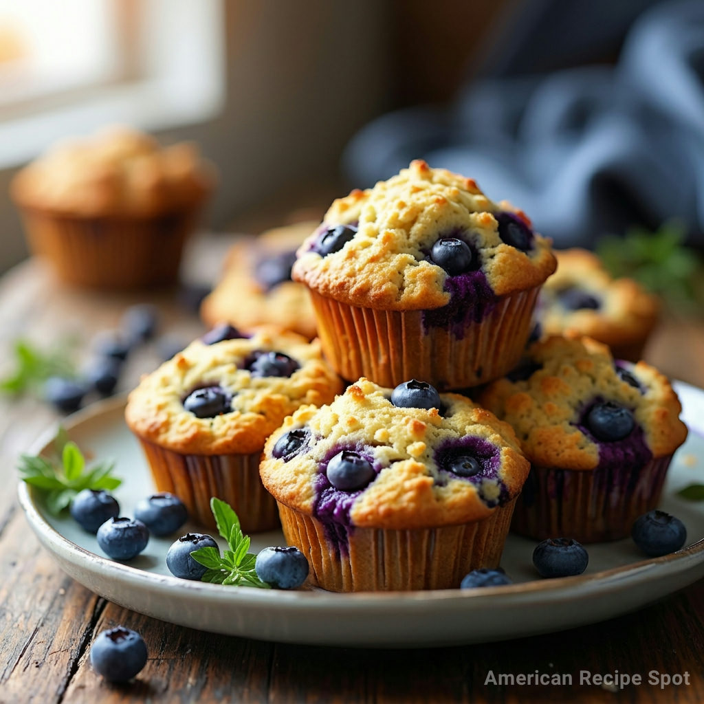 Blueberry Oatmeal Muffins Fresh blueberry oatmeal muffins with golden tops and blueberry specks on rustic wooden board