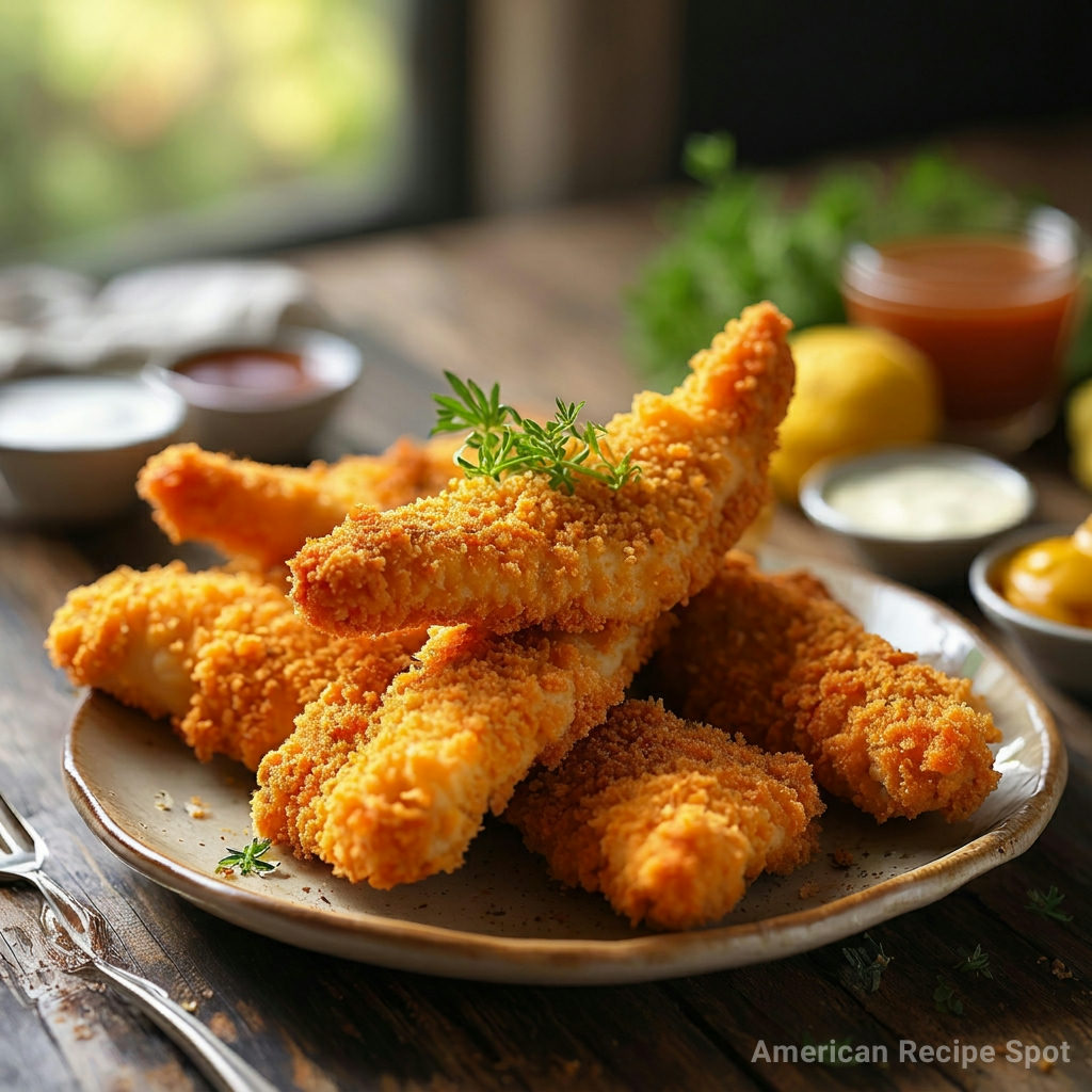 Crispy Baked Chicken Tenders Golden crispy baked chicken tenders with seasoned panko coating on wire rack