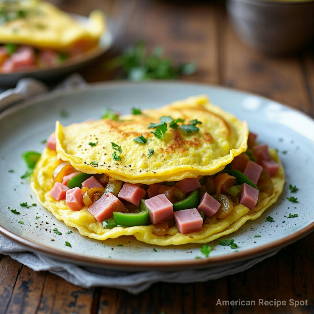 Denver Omelet Fluffy Denver Omelet with diced ham, bell peppers, and onions