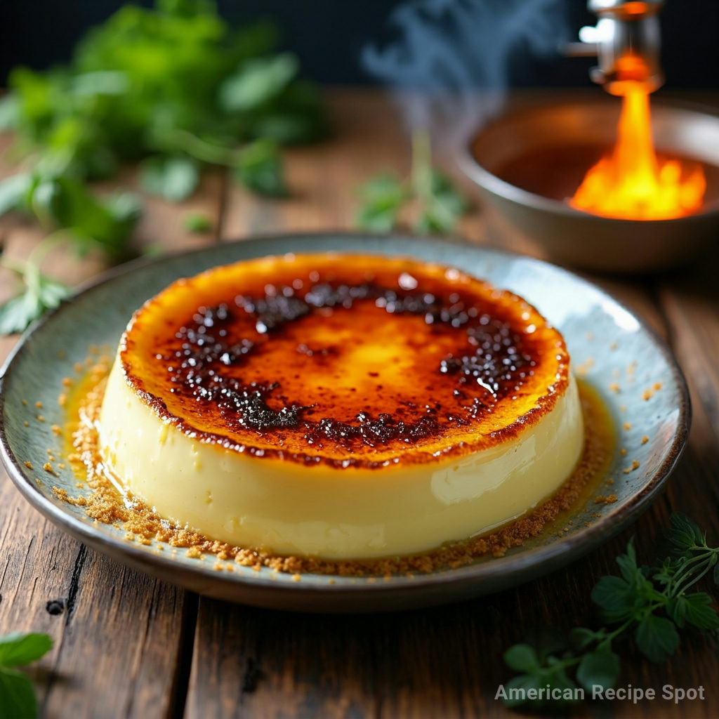 Homemade Crème Brûlée Homemade crème brûlée with caramelized sugar crust on dark background