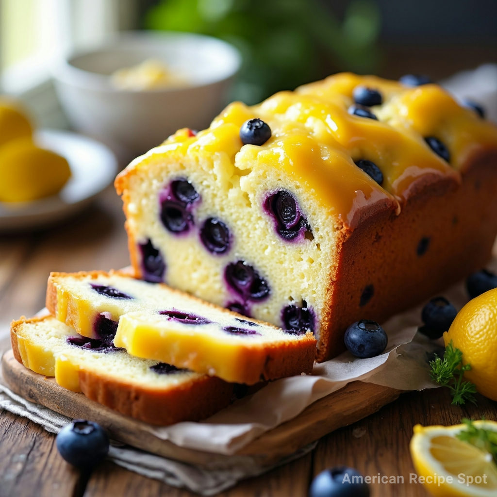 Lemon Blueberry Loaf Golden brown lemon blueberry loaf with sweet glaze drizzles on wooden board