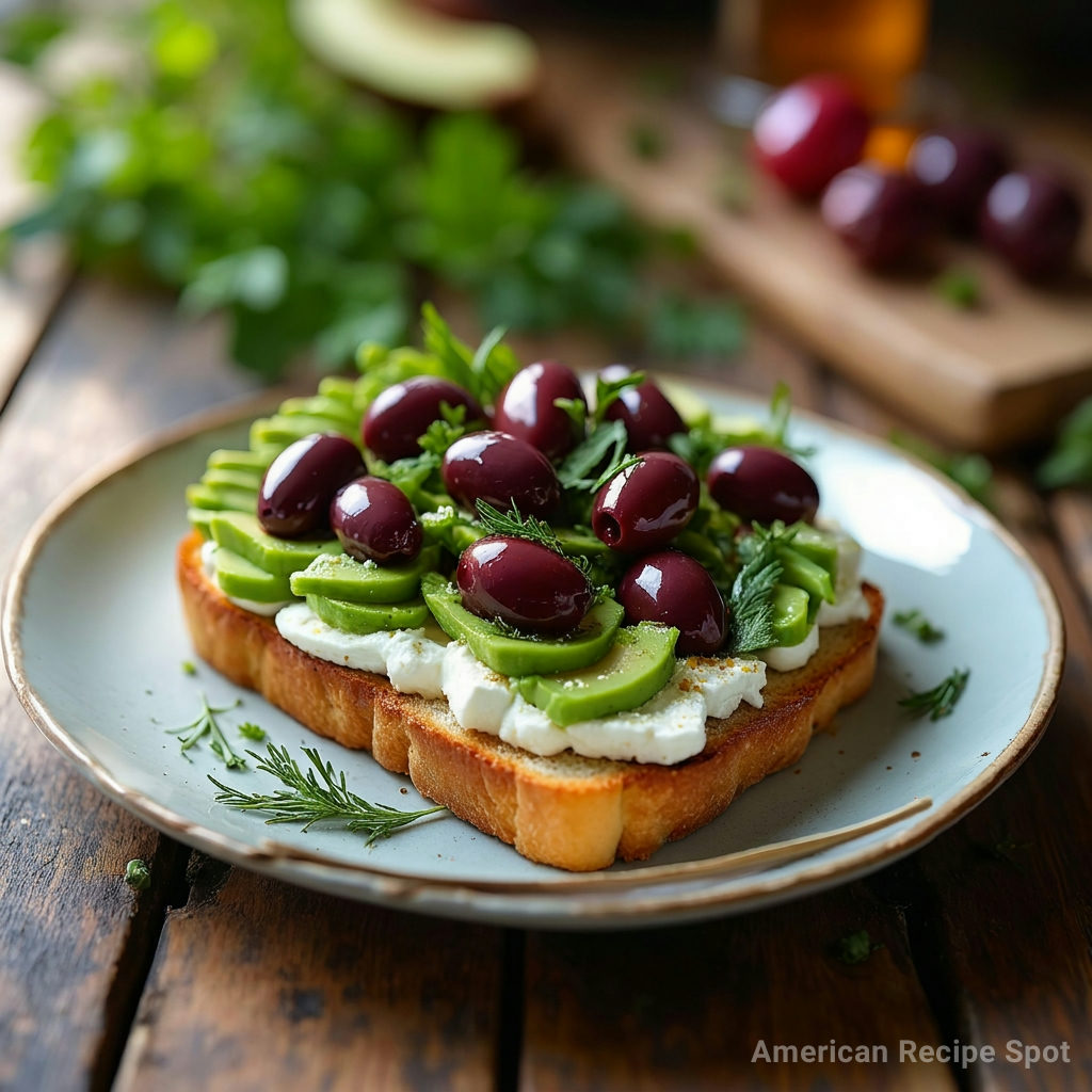 Mediterranean Avocado Toast Mediterranean avocado toast with feta, olives, and herbs on rustic sourdough