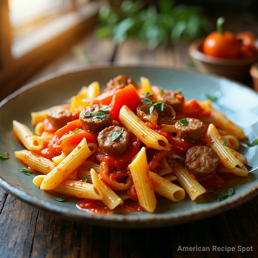 Sausage and Pepper Pasta Vibrant Saus and Pepper Pasta with colorful bell peppers, Italian sausage, and penne in rich tomato sauce